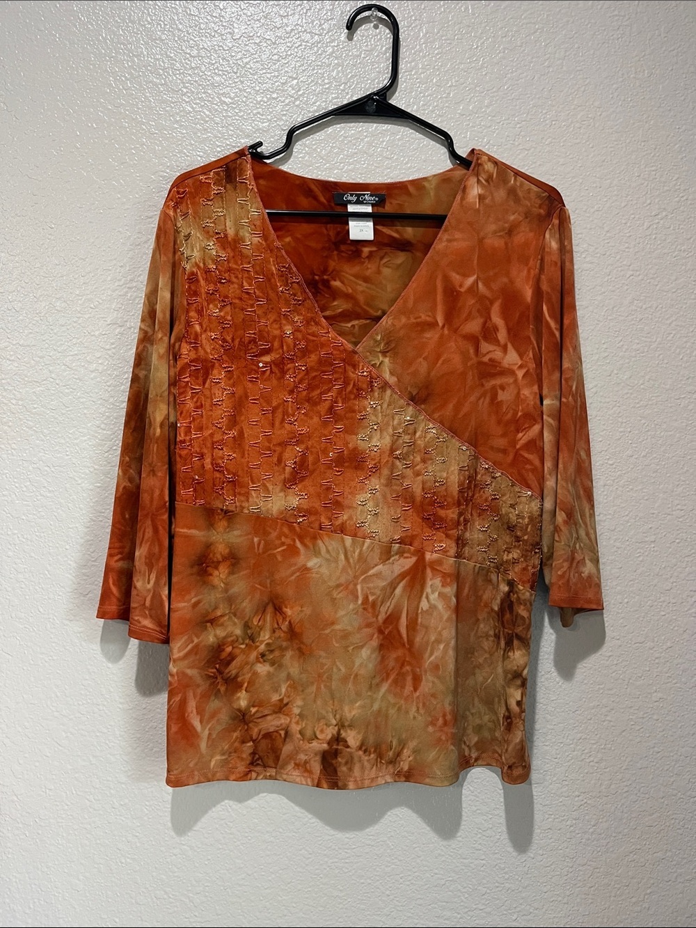 Only Nine Burnt Orange Tie-Dye V-Neck Long Sleeve Top Sz 2X Flowy Lightweight